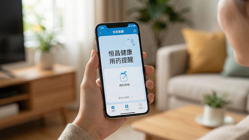 主体:用户手持手机使用恒昌健康APP,屏幕显示用药提醒界面。布局:用户手部位于画面中央,手机屏幕朝上。排版:屏幕中显示“恒昌健康 用药提醒”字样。风格:生活化摄影,自然光。细节:背景为温馨的家庭环境,手机屏幕清晰。画质:高清写实,画面干净,无多余元素。