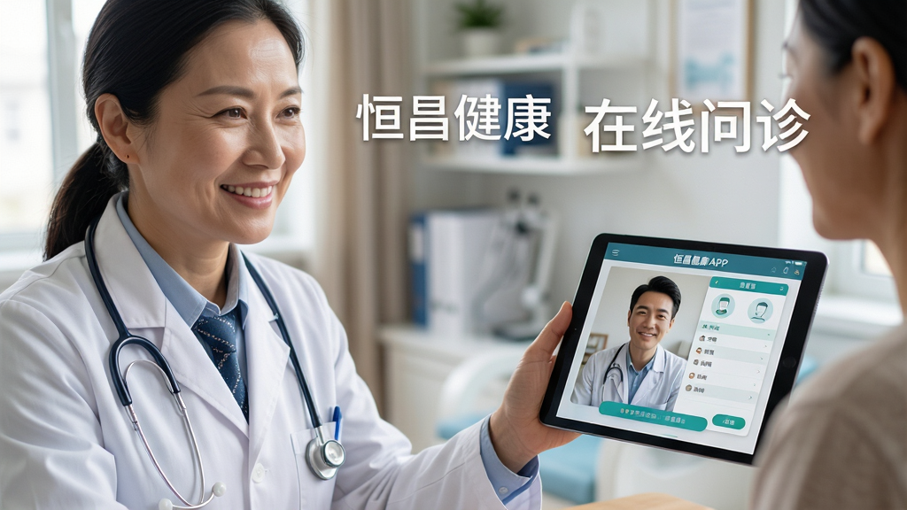 主体:医生通过平板电脑与患者视频问诊,屏幕中显示恒昌健康APP界面。布局:医生位于画面左侧,平板位于右侧,背景为诊所环境。排版:画面中叠加文字“恒昌健康 在线问诊”。风格:写实摄影风格,自然光线。细节:医生面带微笑,平板界面清晰可见问诊窗口。画质:高清画质,构图平衡,无多余杂物。