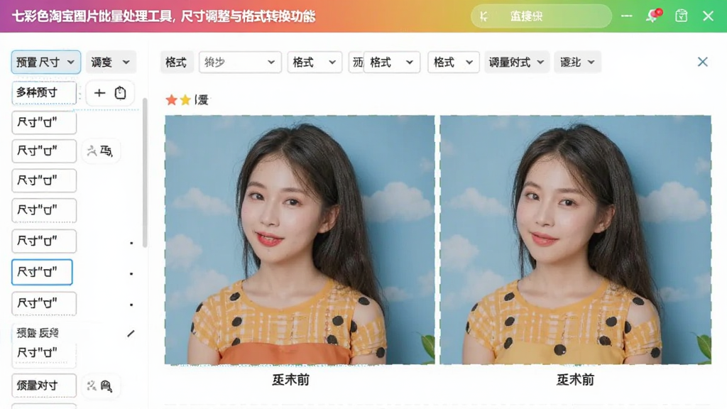 七彩色淘宝图片批量处理工具尺寸调整与格式转换功能截图,界面展示多种预设尺寸选项和格式下拉菜单,图片预览区域显示调整前后的对比效果,整体设计直观,色彩明快,突出便捷操作。