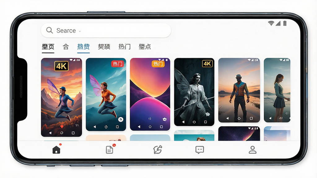 一张智能手机屏幕展示着多彩壁纸应用界面,主体是安卓壁纸大全APP的首页,上方有搜索栏和分类标签,中间是瀑布流壁纸缩略图,下方底部导航栏,布局清晰,排版整齐,风格现代简约,细节包括壁纸缩略图上有“4K”“热门”小标签,画质高清干净,无多余元素