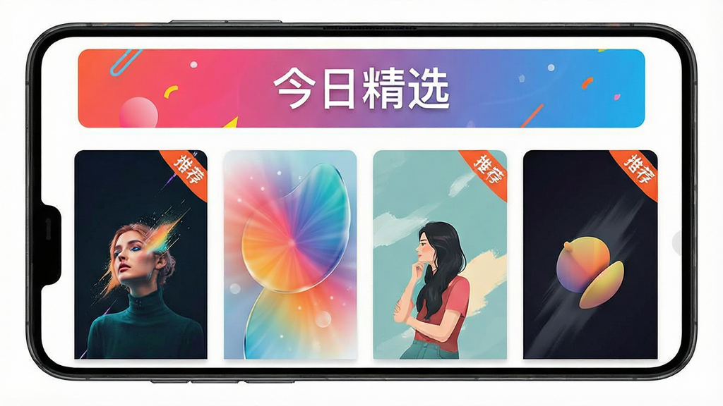 一张手机屏幕展示安卓壁纸大全的每日推荐模块,主体是“今日精选”横幅,下方是四张风格各异的壁纸卡片,布局横向滑动,排版错落有致,风格时尚活泼,细节包括壁纸卡片上有“推荐”角标,画质高清,干净无多余元素