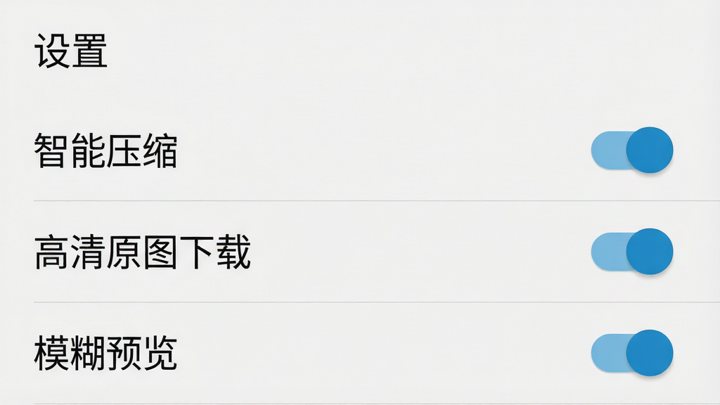 一张手机截图展示安卓壁纸大全的设置界面,主体是“设置”页面,包含“智能压缩”“高清原图下载”“模糊预览”等选项开关,布局列表式,排版清晰,风格简洁,细节包括每个选项后有开关按钮,画质干净,无多余元素