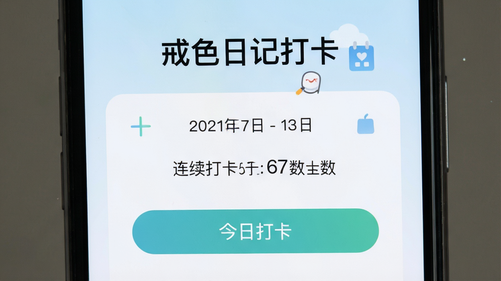 画面主体为一部智能手机屏幕特写,屏幕正中央显示应用主界面,顶部有“戒色日记打卡”字样,下方是日期、连续打卡天数统计和今日打卡按钮。整体布局简洁清晰,背景采用柔和的浅蓝到白色渐变,风格扁平化,细节丰富,画质干净,无多余元素。