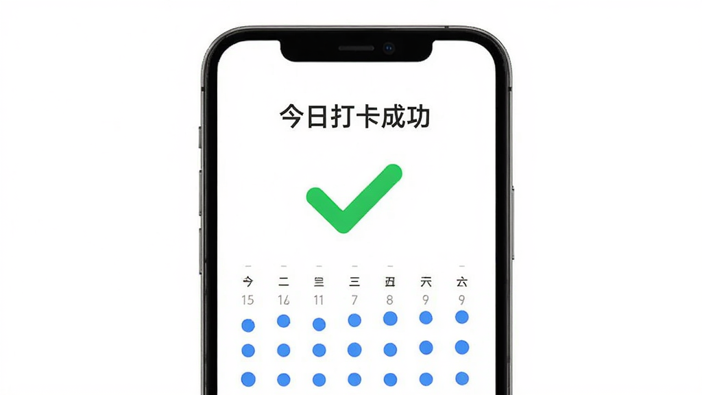 主体为手机应用打卡成功页面,屏幕中央有一个大大的绿色对勾图标,上方显示“今日打卡成功”,下方日历上连续多天被标记为蓝色圆点。布局居中,风格清新简约,背景为纯白色,细节干净,画质高,无多余元素。