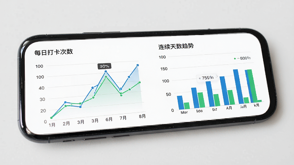 主体为手机应用数据统计页面,屏幕上展示折线图和柱状图,分别显示每日打卡次数和连续天数趋势。布局清晰,图表配色以蓝色和绿色为主,背景为浅灰色,风格专业简洁,画质干净,无多余元素。