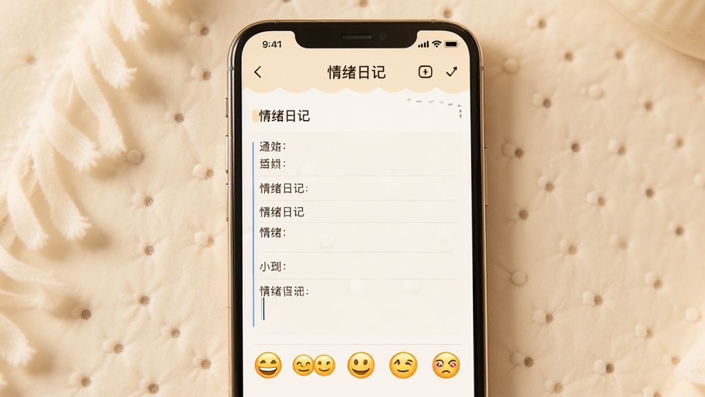 主体为手机日记编辑界面,屏幕上方有“情绪日记”标题,下方是多行文本输入区域,配有表情图标选择栏。布局从上到下,风格温馨简约,背景为米黄色,细节柔和,画质干净,无多余元素。
