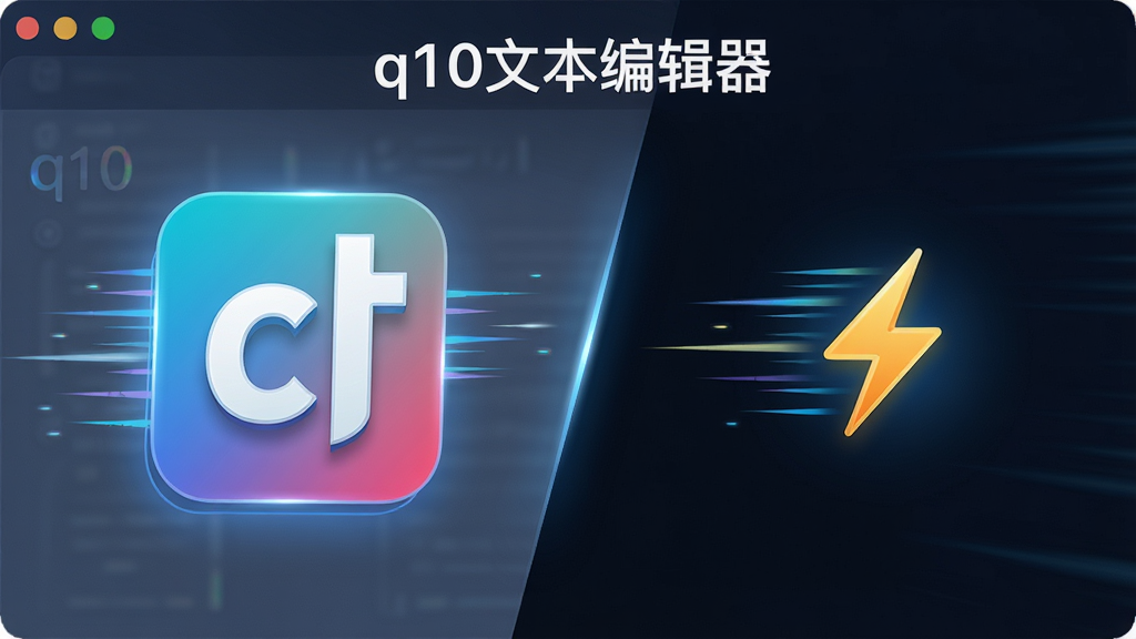 一张动态感十足的产品图,主体为“q10文本编辑器”启动速度对比图表,左侧是其他编辑器的大体积图标,右侧是q10的小巧闪电图标,布局采用左右对比式,排版清晰,风格科技感,细节带有速度线元素,画质高清,干净无多余元素,无文字。