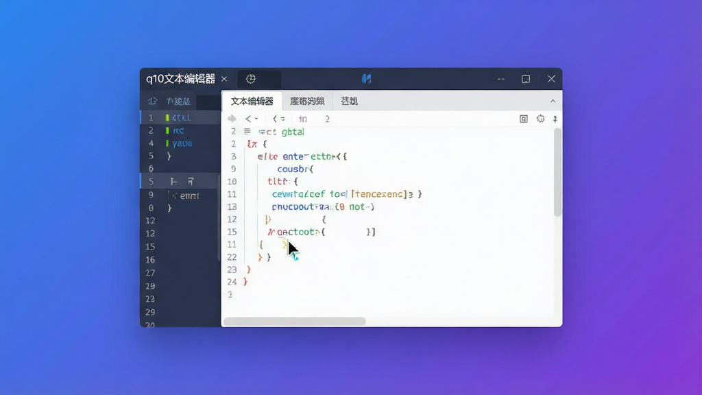 一幅现代扁平化风格的主视觉图,主体为“q10文本编辑器”软件界面悬浮于渐变蓝紫色背景中央,界面展示多标签页与代码高亮效果,布局居中对称,排版简洁大气,细节包含光标闪烁与行号显示,画质高清,干净无多余元素,无文字。