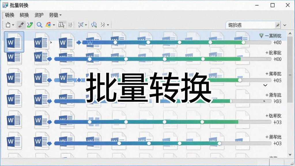 展示word转换成pdf转换器软件的批量转换界面,多个Word文件整齐排列在列表中,转换进度条同时推进,背景为淡灰色,界面清晰,标注“批量转换”字样,画质干净,无多余元素