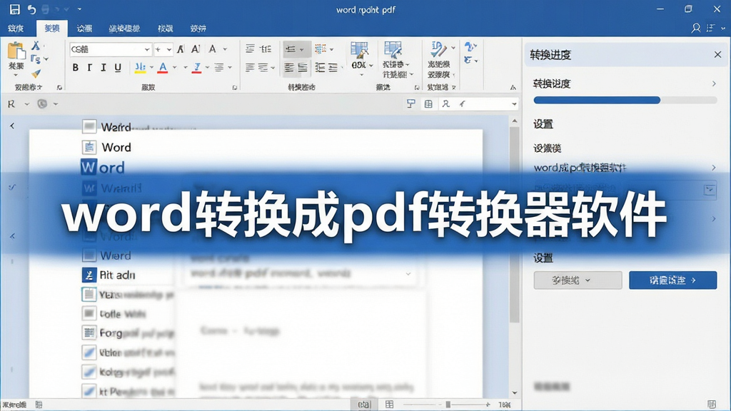 主视觉展示word转换成pdf转换器软件的操作界面,左侧为Word文档列表,右侧为转换进度与设置面板,整体风格简洁现代,蓝色主色调,界面清晰,文字标注“word转换成pdf转换器软件”,UI设计专业,画质高清,干净无多余元素