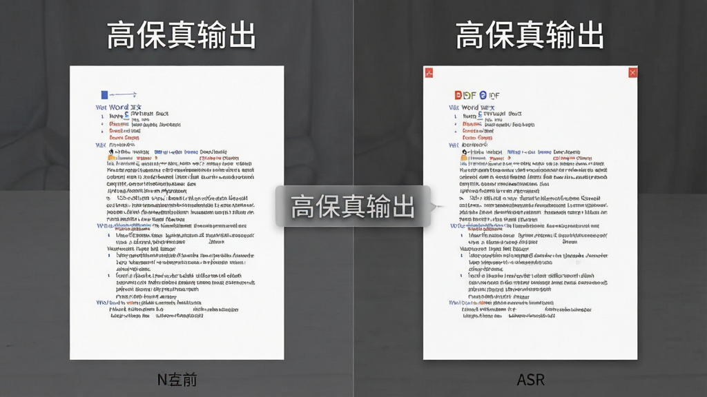 展示word转换成pdf转换器软件转换前后的对比效果图,左侧为Word原文档,右侧为转换后的PDF文件,两者内容完全一致,细节清晰,背景简洁,标注“高保真输出”字样,画质高清,无多余元素