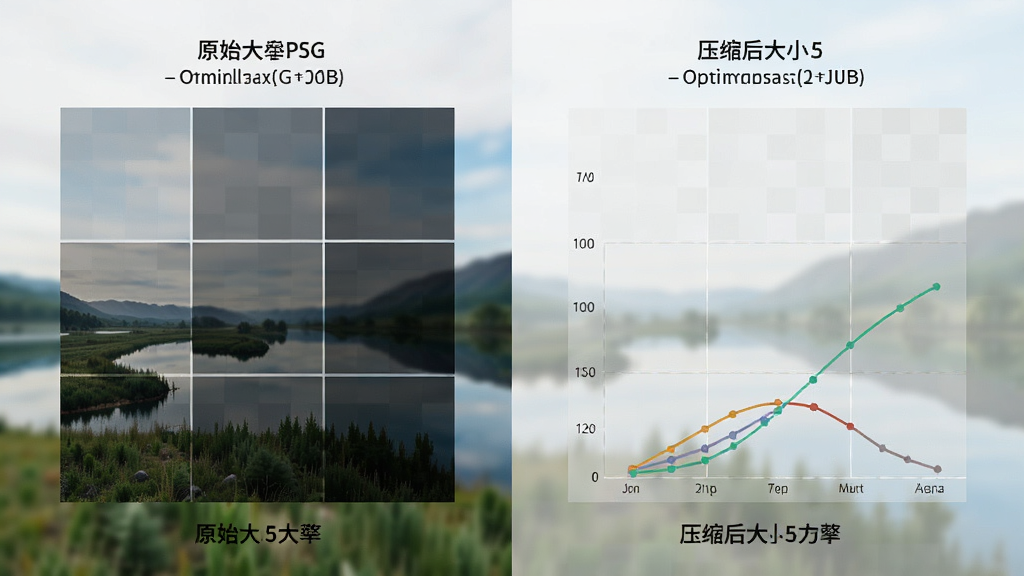 OptimumJPEG智能压缩引擎功能示意图,主体为一张被分割成多个网格的风景照片,网格颜色深浅代表不同压缩率,前景清晰背景模糊,布局为左右对比图,左侧标注原始大小,右侧标注压缩后大小,排版直观,风格简约科技,细节展示压缩参数曲线,画质高清,干净无多余元素