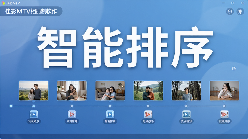 佳影MTV电子相册制作软件智能排序功能演示图,界面显示多张照片被自动排列在时间线上,每张照片下方有场景标签图标,背景为柔和的渐变蓝色,整体布局清爽,突出“智能排序”字样,画质高清,无多余元素