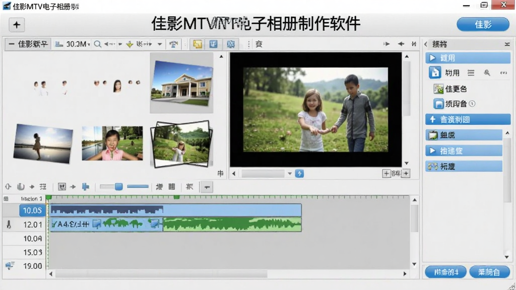 佳影MTV电子相册制作软件运行界面截图,显示时间线编辑轨道、照片预览窗口和右侧功能面板,界面以浅灰色为主,按钮为蓝色,整体干净整洁,突出“佳影MTV电子相册制作软件”名称,画质精细,无多余文字