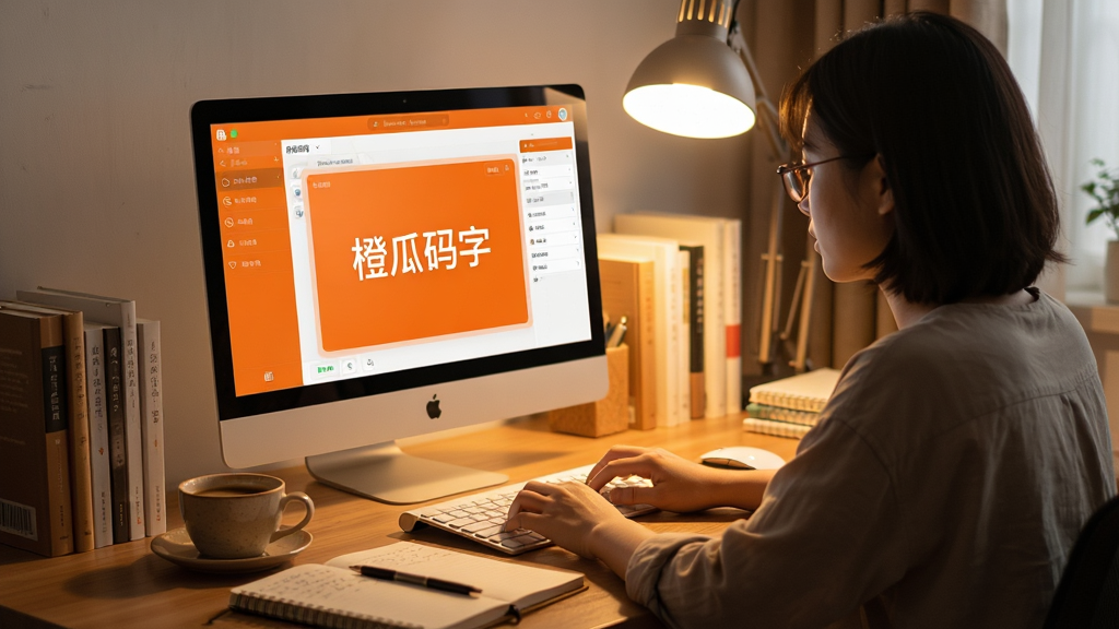 创作中的作家坐在书桌前,屏幕显示橙瓜码字软件界面,周围有咖啡和笔记本,暖色调灯光,画面温馨,布局以人物和电脑为中心,排版干净,风格写实,细节丰富,画质高清,文字“橙瓜码字”显示在屏幕中,干净无多余元素