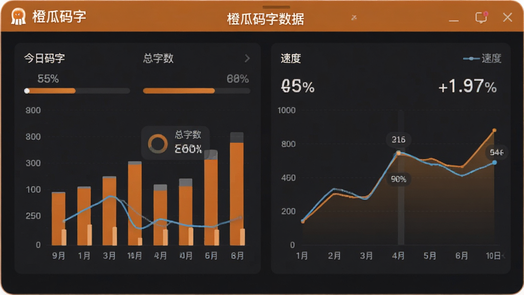 橙瓜码字数据统计界面,显示柱状图和折线图,标注“今日码字”“总字数”“速度”,布局清晰,风格简约现代,细节有进度条和百分比,画质高清,屏幕中显示“橙瓜码字”字样,干净无多余元素