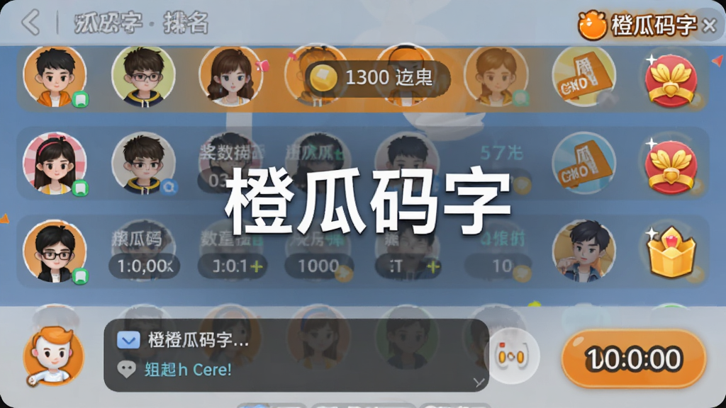 橙瓜码字拼字房间界面,多个头像和字数排名,有聊天框和奖励图标,风格活泼,布局紧凑,细节有倒计时按钮,画质高清,屏幕中显示“橙瓜码字”字样,干净无多余元素