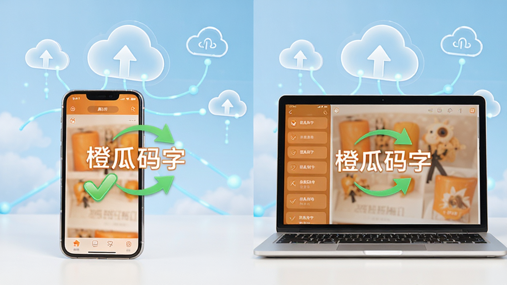 手机和电脑同时显示橙瓜码字界面,同步云端数据,背景有云和网络图标,风格清新,布局分镜展示,细节有绿勾和同步箭头,画质高清,屏幕中显示“橙瓜码字”字样,干净无多余元素