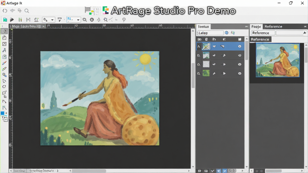 软件中图层堆叠和参考图面板的界面截图,主体是ArtRage Studio Pro Demo的编辑窗口,布局为分屏展示,左侧为画布,右侧为图层和参考图,风格简洁现代,细节清晰展现图层列表和参考图片,画质高清,干净无多余元素,图片文字标注“ArtRage Studio Pro Demo”