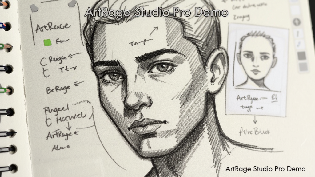 铅笔素描手稿的特写,主体是ArtRage Studio Pro Demo中绘制的头像草图,布局为画纸质感背景,排版展示线条层次,风格素描风,细节展现笔触深浅变化,画质干净,无多余元素,图片文字标注“ArtRage Studio Pro Demo”