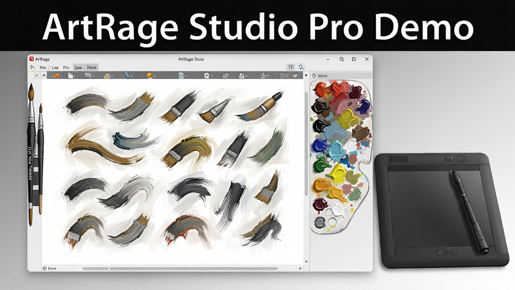 一幅数字绘画工作台场景,主体是ArtRage Studio Pro Demo的界面截图,界面中显示油画笔刷和调色板,旁边有数位板和手写笔,布局为桌面端全屏展示,排版清晰,风格写实且色彩丰富,细节展现画笔笔触和颜料质感,画质高清,干净无多余元素,图片文字标注“ArtRage Studio Pro Demo”