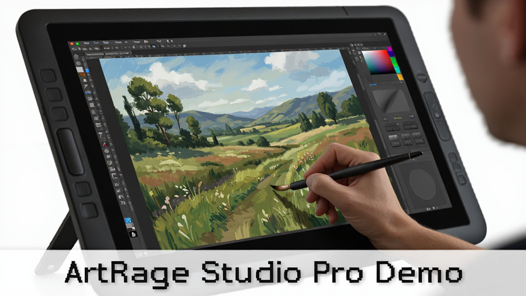 操作者使用数位板在ArtRage Studio Pro Demo中绘制风景画,主体是屏幕显示绘画过程,布局为侧面视角,排版展现手部动作和屏幕内容,风格写实,细节描绘笔触与颜色混合,画质高清,干净无多余元素,图片文字标注“ArtRage Studio Pro Demo”