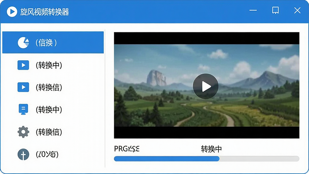 主体:一款名为“旋风视频转换器”的软件界面,显示主窗口和视频转换进度条,布局:软件界面居中,左侧有功能列表,右侧显示视频预览窗口,排版:界面简洁清晰,功能图标排列整齐,风格:现代扁平化设计,色彩以蓝色和白色为主,细节:界面文字清晰,转换进度条显示“转换中”,画质:高清,画面干净,无多余元素。