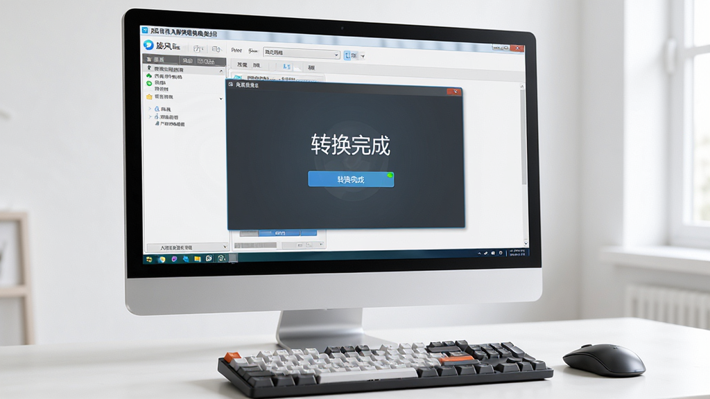 主体:用户正在电脑上操作旋风视频转换器,界面显示转换完成的提示,布局:电脑屏幕占据画面中央,键盘鼠标在前景,排版:屏幕内容清晰可见,周围环境简洁,风格:写实风格,光线明亮,细节:屏幕上有“转换完成”字样,画质:高清,干净,无多余元素。