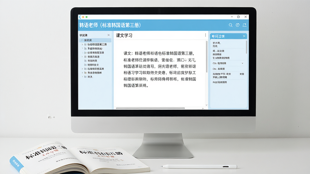 主体为电脑屏幕内展示《韩语老师(标准韩国语第三册)》软件界面,界面设计简洁现代,布局分为左侧目录树、中间课文学习区与右侧单词注释区,整体采用浅蓝色与白色为主的清新教育风格。屏幕下方放置一本翻开的《标准韩国语第三册》实体书与一支触控笔,画质高清,光线柔和明亮,干净无多余元素。