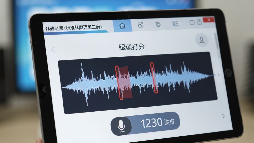 特写镜头展示《韩语老师(标准韩国语第三册)》软件中的语音评测界面,屏幕中央有“跟读打分”字样与波形图,波形图上有红色标记指出发音偏差。界面下方有麦克风图标与实时评分数字,背景虚化处理,突出软件UI细节,画质干净,专业感强。