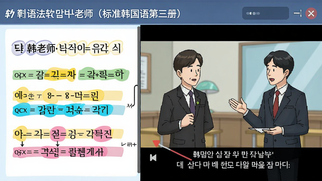 展示《韩语老师(标准韩国语第三册)》软件语法讲解页,屏幕左侧是语法公式与彩色高亮标注,右侧播放一段两位韩国职场人士对话的二维动画情景,画面下方配有韩中双语字幕,整体风格活泼明快,信息层级清晰,画质高清。