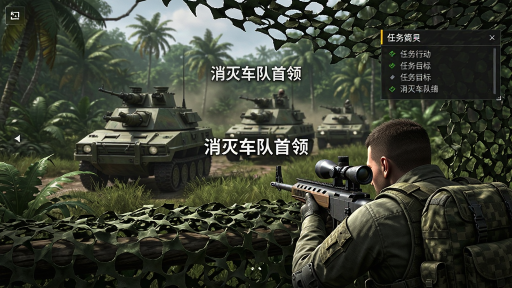 狙击行动枪战游戏任务加载画面,一名狙击手在丛林伪装网下潜伏,前方是敌方的装甲车队,画面中央显示任务目标“消灭车队首领”,背景是热带丛林,UI风格简洁,有任务简报窗口,整体画面写实,光影自然,画质清晰,干净无多余元素。