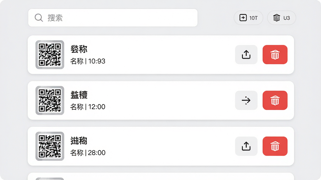 ���壺�����ά�����ʷ��¼ҳ�棬���б���ʽչʾ������ά���¼�����֣��������������ɸѡ��ǩ���·��ǿ�Ƭʽ�б���ÿ����¼�Ҳ��е�����ɾ����ť���Ű棺�б������ȣ�ͼ�������ֶ��룻������¼�࣬����Ϊǳ��ɫ����ƬΪ��ɫ��ϸ�ڣ�ÿ����¼��������ͼ�����ƺ�ʱ�䣬ɾ����ťΪ��ɫ�����ʣ��ɾ����࣬�޶���Ԫ��