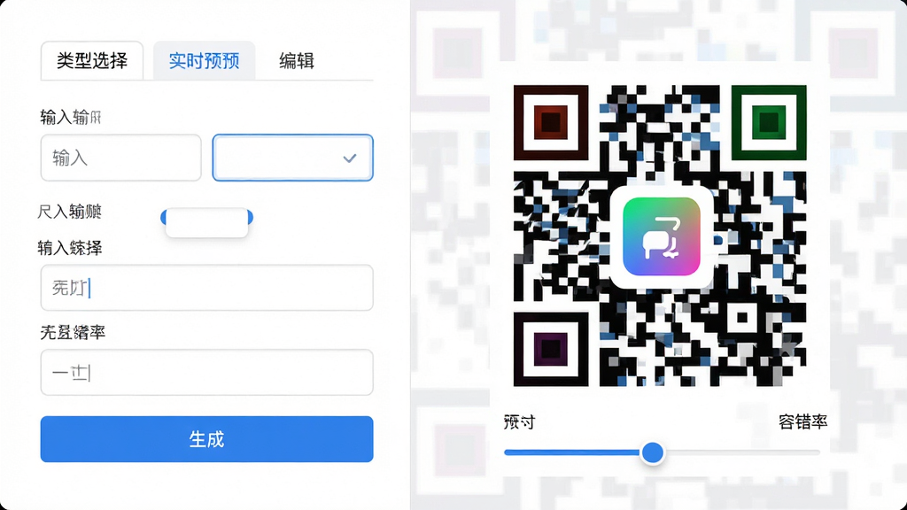 ���壺�����ά���������ı༭���棬����Ǳ������������Ҳ���ʵʱԤ���Ķ�ά�룻���֣��Ϸ�������ѡ���ǩ���м���������·��ǡ����ɡ���ť��Ԥ������ʾ��ɫ��ά�룻�Ű棺���ҷ������������ˣ�����ִ���Լ����ɫ����������ɫ��ɫ����ϸ�ڣ���ά������Ƕ����Сͼ�꣬��ɫ���䣬��Χ�гߴ���ݴ��ʵ��ڻ��飻���ʣ��������ȣ��ɾ��޶���Ԫ��