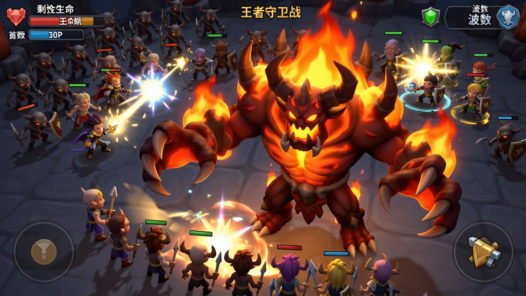 一张《王者守卫战》无尽挑战模式的战斗场景,主体为屏幕中央一只体型庞大、浑身燃烧着地狱火的恶魔BOSS,它正挥舞巨爪攻击前方的防御阵线。画面上方是密密麻麻如潮水般涌来的小怪,我方英雄在后方释放华丽的圣光技能。整体UI显示剩余生命值与波数,战斗特效丰富,画面充满张力,风格为卡通渲染,构图具有冲击力,画质高清,细节丰富,干净无多余元素。