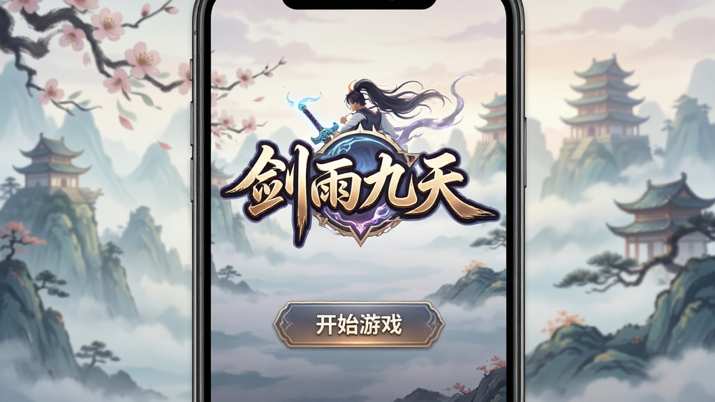 手机屏幕显示游戏登录界面,界面有仙侠风格背景,中间是“剑雨九天”logo,下方有“开始游戏”按钮,整体布局简洁清晰,色彩柔和,细节丰富,画质高清,干净无多余元素