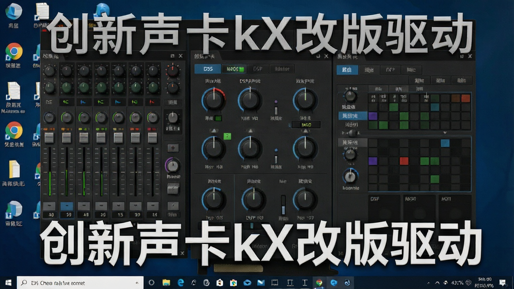一张创新声卡kX改版驱动的软件主界面截图,界面布局清晰,包含调音台、DSP效果器、路由矩阵等模块,整体风格专业深色,背景为电脑桌面环境,画质清晰,干净无多余元素,带有“创新声卡kX改版驱动”字样