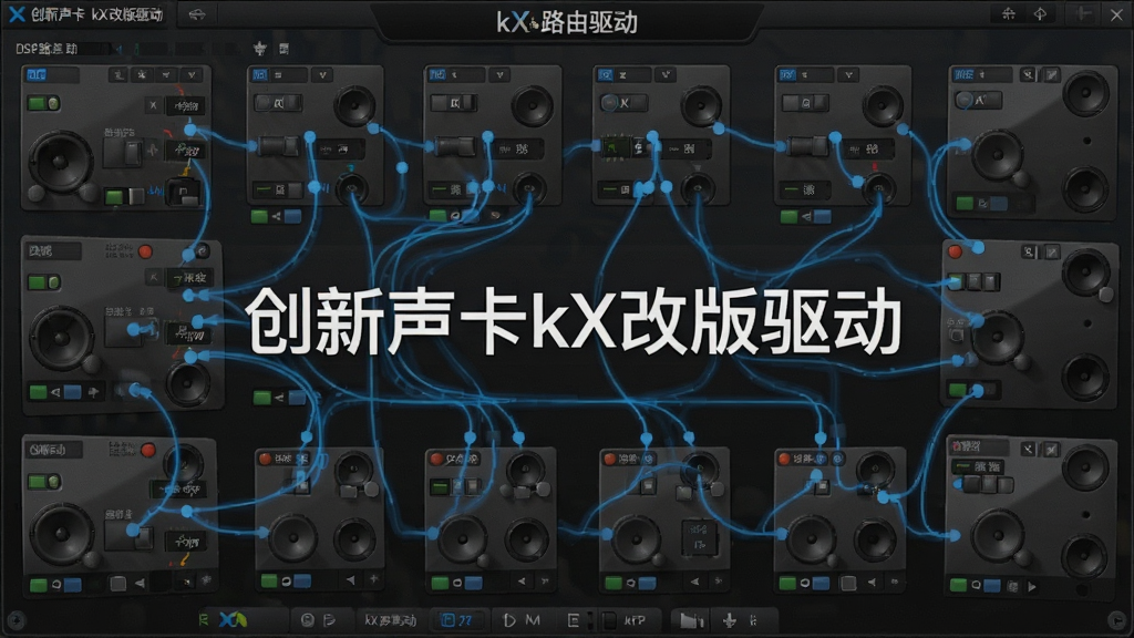 创新声卡kX改版驱动的DSP路由矩阵界面特写,蓝色连线连接各个音频模块,背景为深灰色调,界面风格科技感十足,细节丰富,画质细腻,干净无多余元素,画面中央显示“创新声卡kX改版驱动”