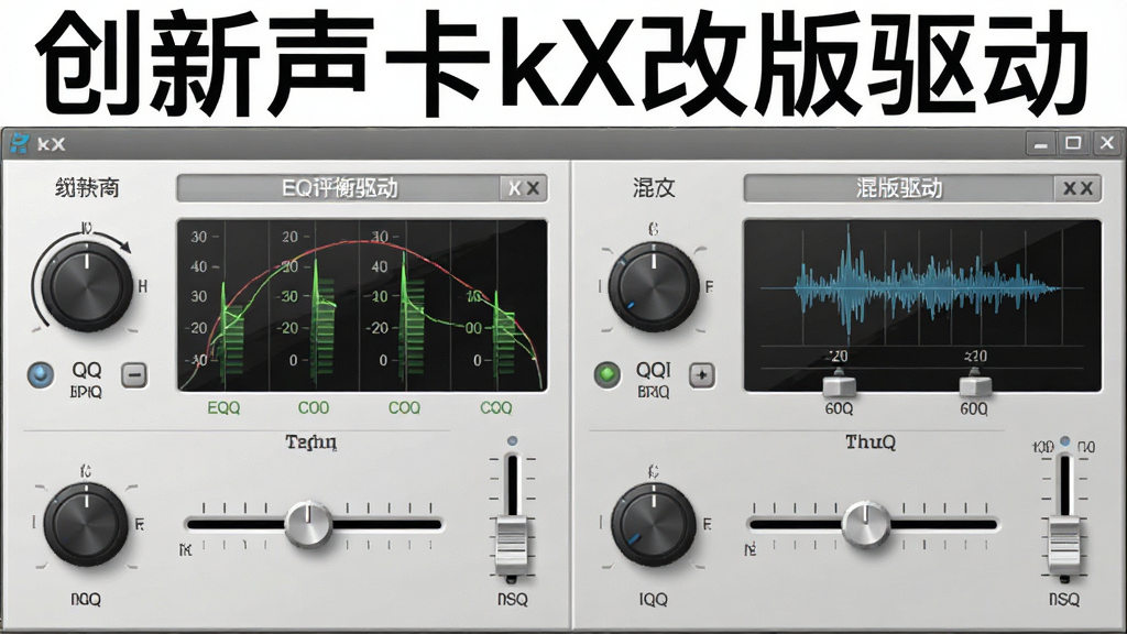 创新声卡kX改版驱动的效果器编辑窗口,展示EQ均衡器和混响效果器界面,旋钮与滑块清晰可见,背景为浅灰色,风格简洁明快,画质高清,干净无多余元素,图片上方标注“创新声卡kX改版驱动”