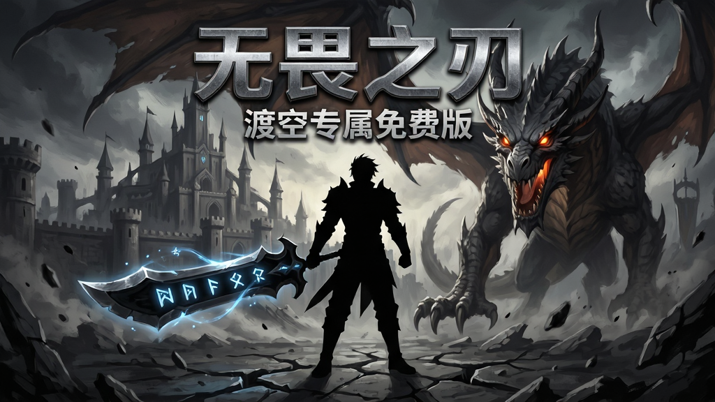 主体:游戏主视觉图,中央是持巨刃的主角剪影,背后是崩坏的王城与巨龙;布局:主体居中,背景层叠,前景有飘散的灰烬;排版:标题“无畏之刃”以金属质感字体置于画面上方,副标题“渡空专属免费版”位于其下;风格:暗黑奇幻,高对比度光影,厚涂风格;细节:刀刃上有符文光效,巨龙眼睛发光,地面有裂痕;画质:8k,超清,细节丰富,干净,无多余元素