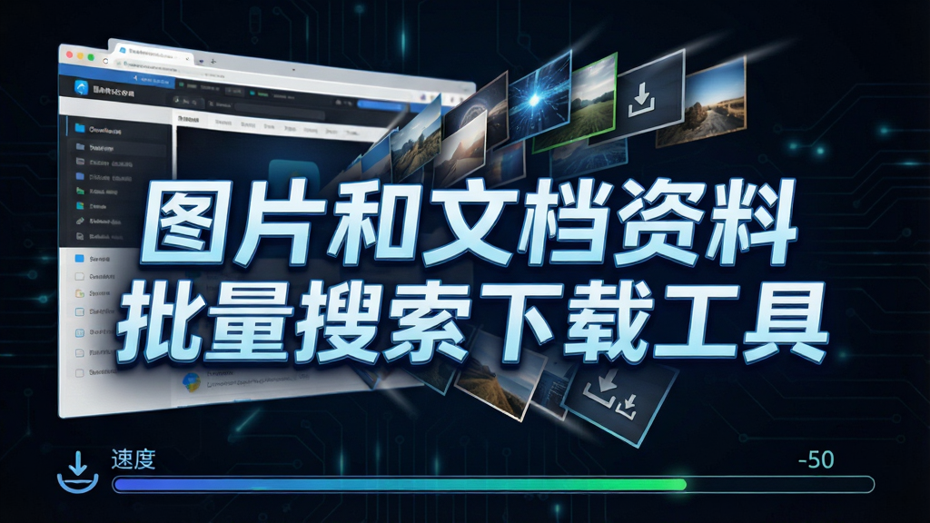 软件批量下载动效展示,多张图片同时从网页飞向下载列表,底部显示速度与进度条,背景为深色科技感,主体突出软件名称“图片和文档资料批量搜索下载工具”,风格炫酷,细节丰富,画质清晰,干净无多余元素