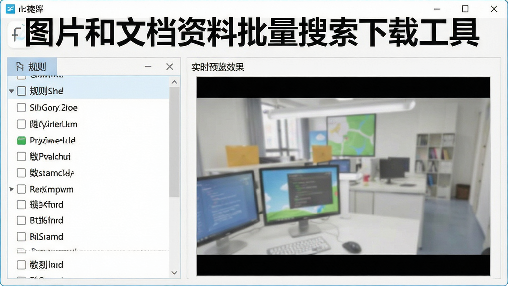 关键词过滤设置界面截图,左侧为规则列表,右侧为实时预览过滤效果,界面清晰,标注“图片和文档资料批量搜索下载工具”名称,风格简洁,画质高清,干净无多余元素