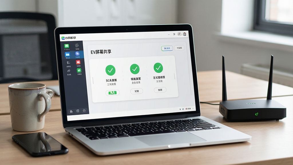 一张使用场景图,主体为“EV屏幕共享”软件在笔记本电脑上运行的截图,旁边摆放手机和路由器,背景为办公桌面,布局自然,风格写实,细节显示连接成功状态,画质干净无多余元素