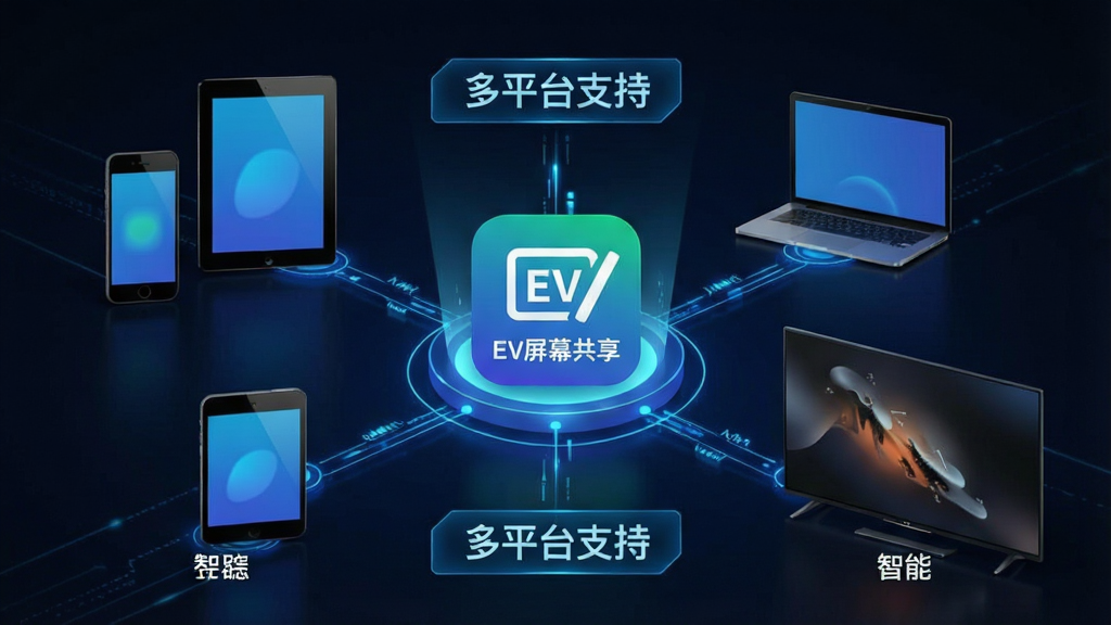 一张多设备互联场景图,主体为“EV屏幕共享”软件界面图标,周围环绕手机、平板、笔记本电脑、智能电视等设备,以线条连接形成网络拓扑,布局居中,风格科技感强,细节标注“多平台支持”字样,画质清晰无多余元素