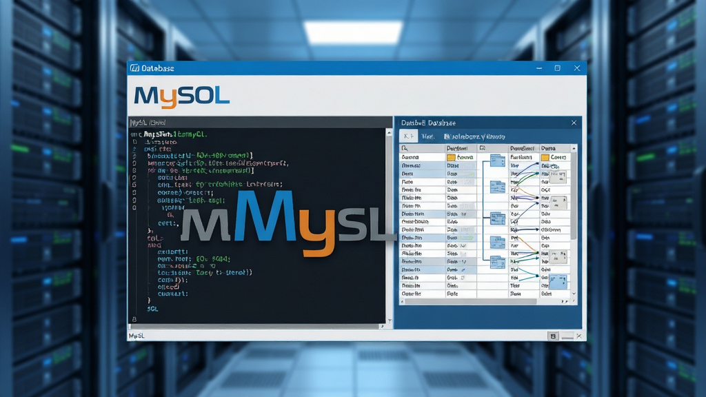 主体:MySQL数据库软件界面,服务器机柜背景,屏幕显示MySQL命令行和数据库表格。布局:中心构图,软件界面置于视觉焦点,背景虚化。排版:简洁清晰,突出MySQL标志和界面元素。风格:科技感、专业、现代。细节:屏幕中显示SQL查询代码和数据结构图,光线明亮,色彩以蓝色和深灰色为主。画质:超清,干净,无多余元素。