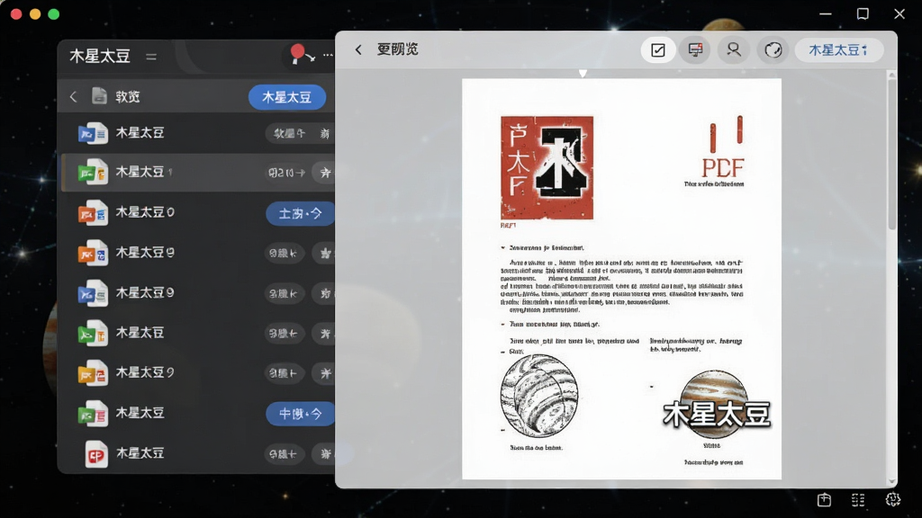 木星太豆软件功能预览界面,主体为文件速览浮窗,左侧文件列表,右侧大尺寸预览区,显示一份PDF文档内容,布局层次分明,排版整洁,风格清爽,细节包含文件类型图标和操作按钮,画质清晰干净,无多余元素,图片中显示文字“木星太豆”
