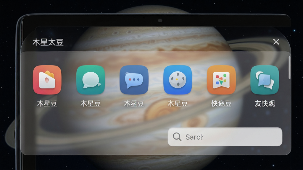 木星太豆快捷启动面板特写,主体为屏幕边缘弹出的半透明面板,内部排列多个彩色应用图标,布局横向排列,排版紧凑,风格现代科技感,细节包含图标下方文字标签和搜索框,画质高清干净,无多余元素,图片中显示文字“木星太豆”