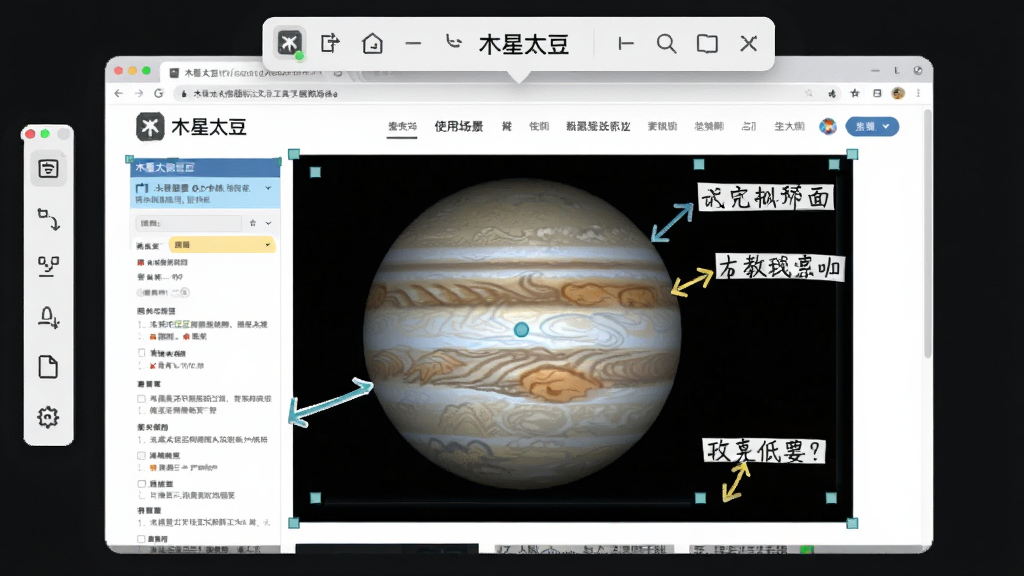 木星太豆截图标注工具使用场景,主体为一张被标注的网页截图,周围有工具栏悬浮,布局以截图为中心,排版灵活,风格实用,细节包含标注箭头和文字说明,画质清晰干净,无多余元素,图片中显示文字“木星太豆”
