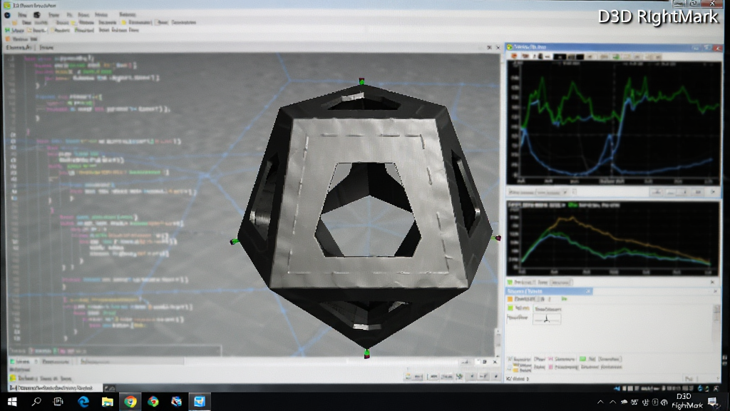 一张展示D3D RightMark在Windows系统上运行的实拍图,主体为电脑屏幕中显示的复杂3D网格测试画面,布局为屏幕中央的正八面体金属质感模型,背景为模糊的代码与监控图表,风格为真实的桌面截图风格,细节包含屏幕边缘的任务栏与软件运行状态,画质高清,干净无多余元素,屏幕右上角显示“D3D RightMark”水印。