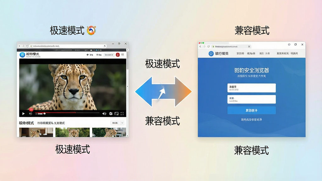猎豹安全浏览器双核切换示意截图,画面左侧为极速模式下的视频网站流畅播放,右侧为兼容模式下的银行登录界面,中间有动态切换箭头和“极速模式”“兼容模式”文字标签,背景为柔和渐变,风格简洁明了,画质清晰,干净无多余元素